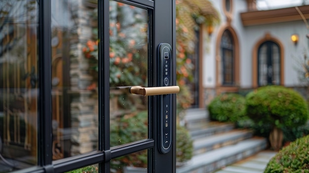 Uma fechadura inteligente moderna em uma porta de entrada elegante