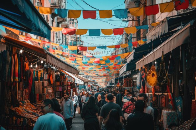 Uma feira de rua movimentada com barracas coloridas sob o céu ensolarado