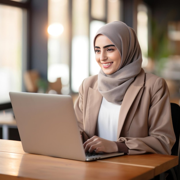 Uma feliz mulher de negócios muçulmana de hijab no local de trabalho do escritório Uma mulher árabe sorridente trabalhando em um laptop em um escritório moderno