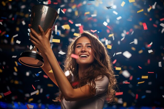 Foto uma feliz vencedora no palco segurando um troféu em suas mãos com confetes de luz coloridos com ia generativa