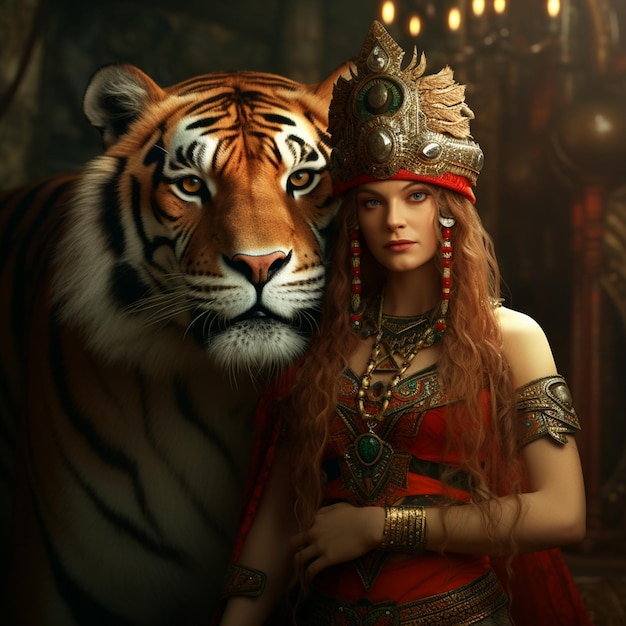 Uma fêmea em pé com tigre