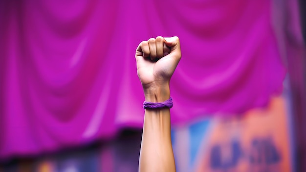 Foto uma feminista ergue o punho e uma bandeira como pano de fundo para os direitos das mulheres ia generativa