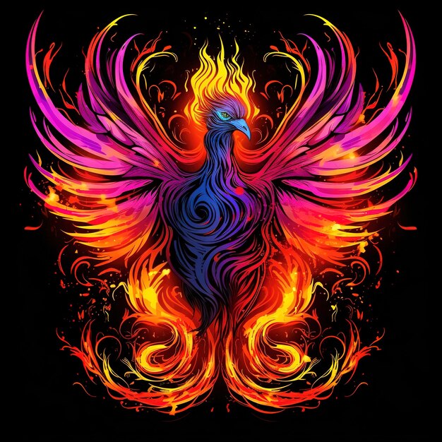 Uma fênix a levantar-se das chamas numa mistura de cores vibrantes.