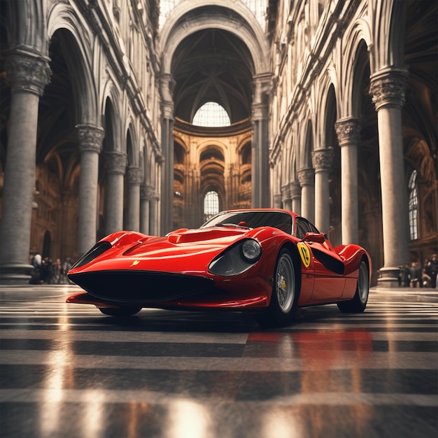 Uma Ferrari 246 2023 no Duomo de Milão, composição perfeita, bela, detalhada, intrincada, insanamente detalhada