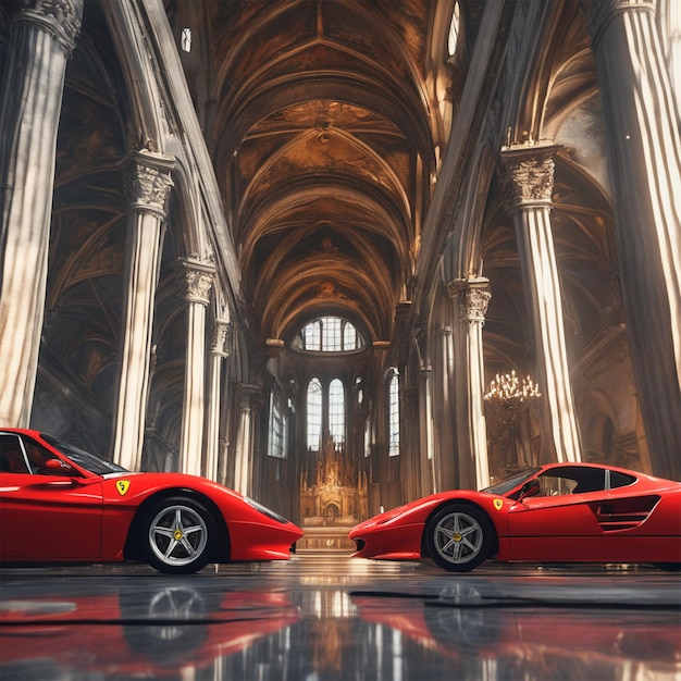 Uma Ferrari 246 2023 no Duomo de Milão, composição perfeita, bela, detalhada, intrincada, insanamente detalhada