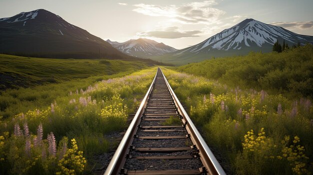 Uma ferrovia com montanhas ao fundo