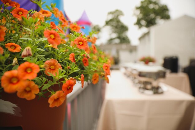 Uma festa colorida com mesa e cadeiras e flores