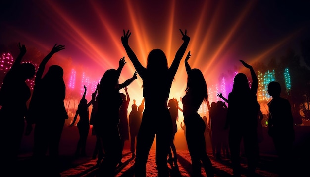 Uma festa com pessoas dançando em frente a um fundo colorido