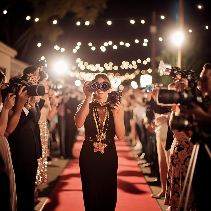 Foto uma festa com tema de tapete vermelho de hollywood com convidados vestidos como estrelas de cinema paparazzi e flashing veio