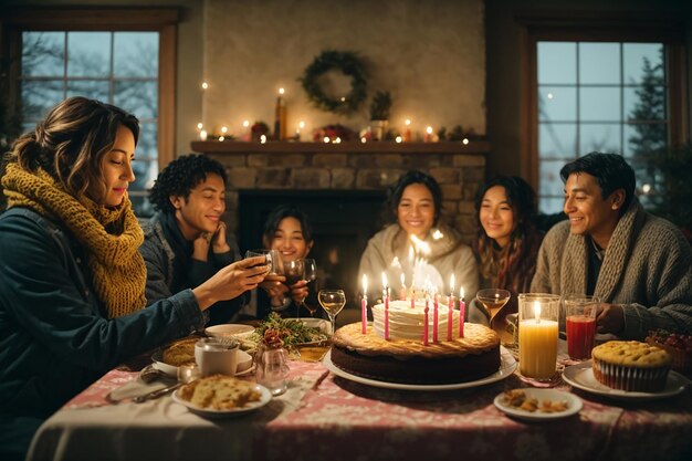 Uma festa de aniversário aconchegante e íntima com uma lareira crepitante cobertores quentes