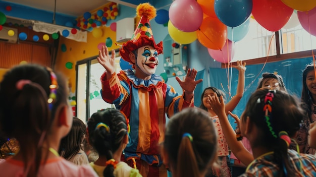 Uma festa de aniversário com um palhaço ou artista se apresentando para as crianças