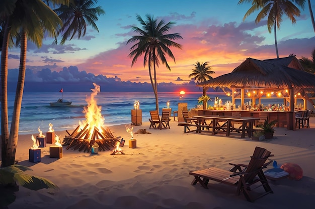Uma festa de aniversário na praia tropical com tochas tiki, uma fogueira e um pôr do sol deslumbrante como pano de fundo para uma noite de celebração