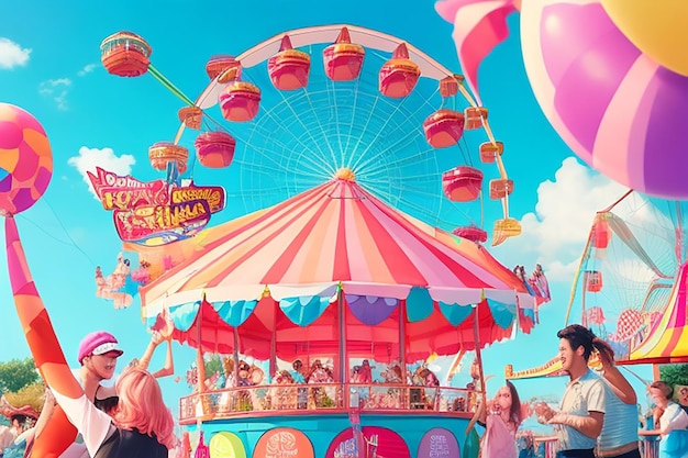 Uma festa de aniversário num carnaval com uma roda-gigante