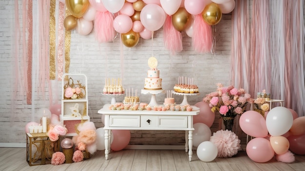 Uma festa de aniversário rosa com uma mesa de bolo e uma mesa de bolo com um banner que diz 'aniversário de ouro'