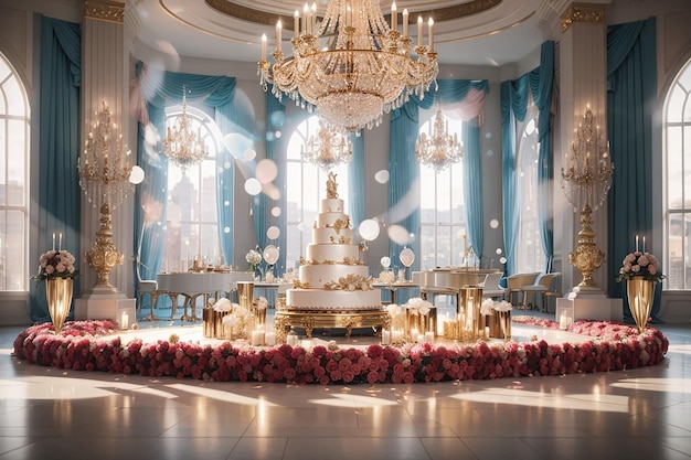 Uma festa de aniversário sofisticada e elegante realizada em um luxuoso salão de baile com lustres de cristal, torres de champanhe e banda ao vivo