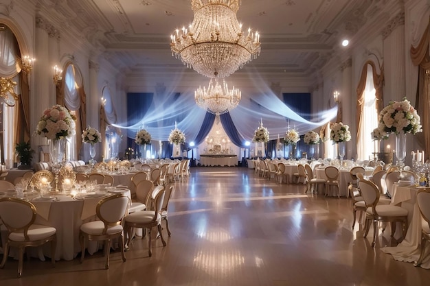 Uma festa de aniversário sofisticada e elegante realizada em um luxuoso salão de baile com lustres de cristal, torres de champanhe e banda ao vivo