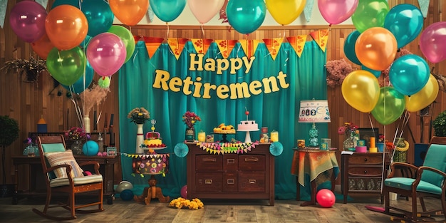 Uma festa de aposentadoria com decorações, balões e uma bandeira de "Feliz Retiro"