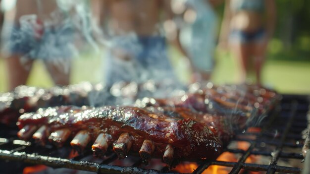 Uma festa de churrasco no quintal com amigos e familiares reunidos ao redor do churrasco ansiosamente antecipando um banquete de tendas costelas de porco fumegantes