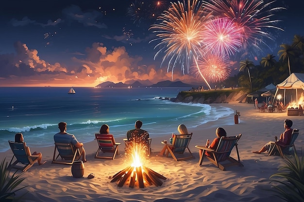 Uma festa de fogueira na praia com fogos de artifício sobre o oceano