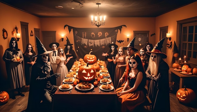 Foto uma festa de halloween com abóboras e abóboras na mesa