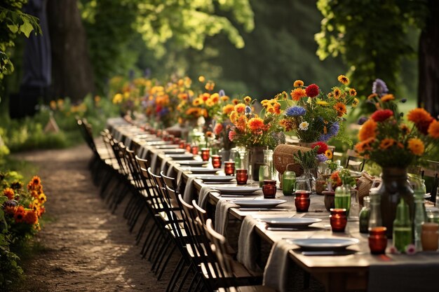 Foto uma festa de jardim cercada por flores de primavera coloridas