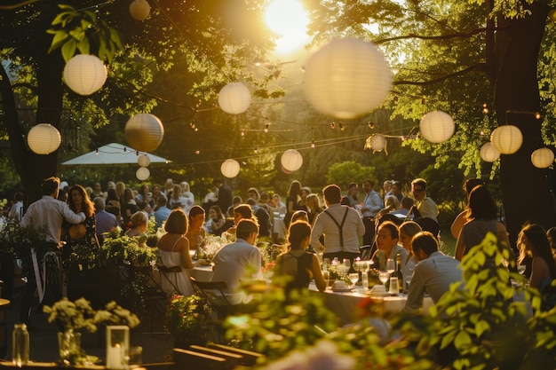 Uma festa de verão no jardim ao pôr-do-sol com silhuetas contra o céu colorido