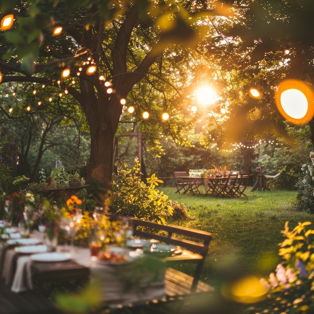 Uma festa de verão no jardim ao pôr-do-sol com silhuetas contra o céu colorido