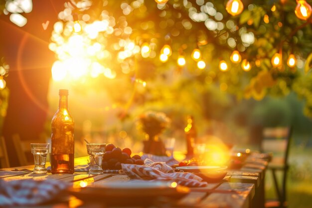 Uma festa de verão no jardim ao pôr-do-sol com silhuetas contra o céu colorido