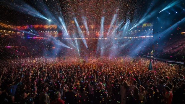 Uma festa vibrante com muitas pessoas em uma arena luzes confete uma lente longa e IA generativa