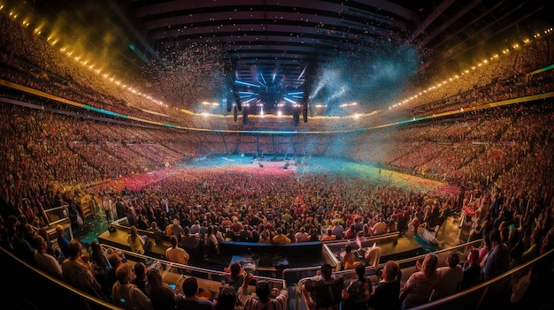 Uma festa vibrante com muitas pessoas em uma arena luzes confete uma lente longa e IA generativa