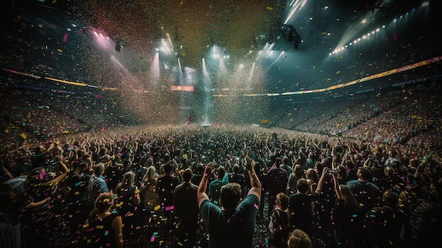 Uma festa vibrante com muitas pessoas em uma arena luzes confete uma lente longa e IA generativa