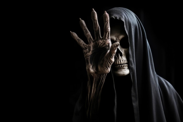 Uma figura assustadora de Halloween usando uma corda preta contra um fundo escuro