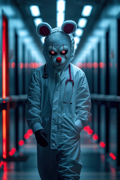 Foto uma figura assustadora parecida com um médico com uma máscara de coelho grotesca está em um corredor mal iluminado criando uma atmosfera inquietante com uma iluminação vermelha sinistra