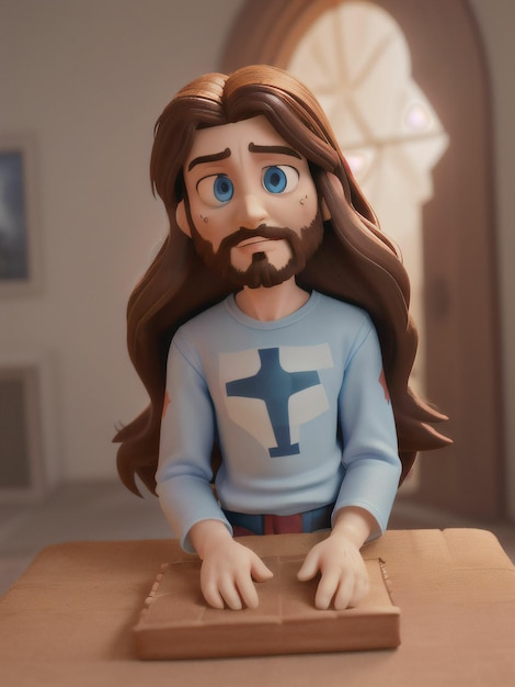 Foto uma figura de brinquedo de um homem com uma cruz na camisa está sentada sobre uma mesa.