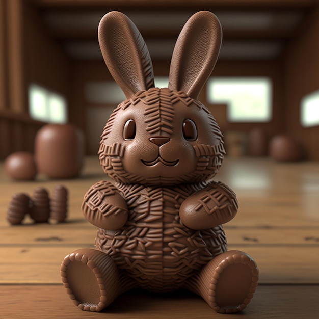 Uma figura de coelho de chocolate senta-se em um piso de madeira.