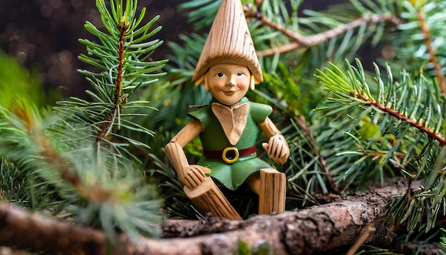 Foto uma figura de madeira de um elfo sentado entre os galhos