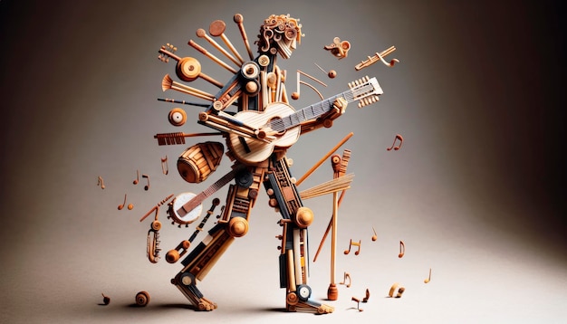 Uma figura de madeira parecida com um músico feita de instrumentos musicais com notas flutuantes em um fundo bege simbolizando arte e criatividade.