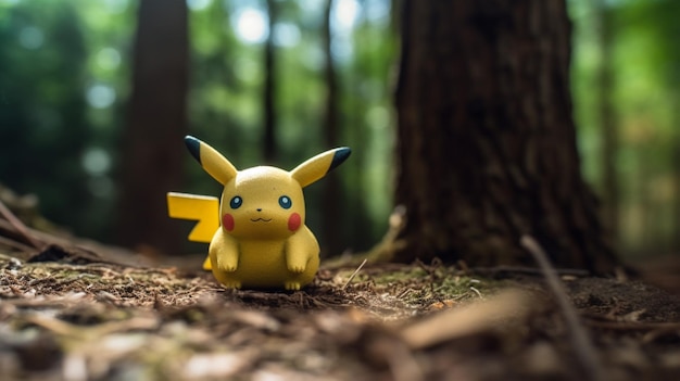 Foto uma figura de pikachu está em uma floresta com uma árvore ao fundo.