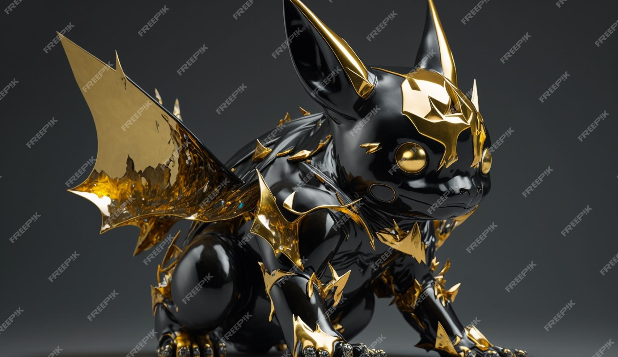 Uma figura de pokémon de ouro e preto com asas de ouro e asas de ouro.