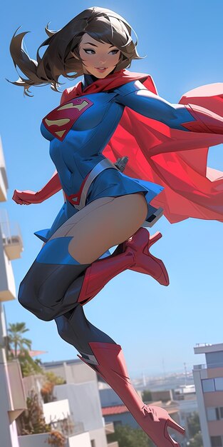 uma figura de super-herói está voando no ar com uma capa vermelha e azul