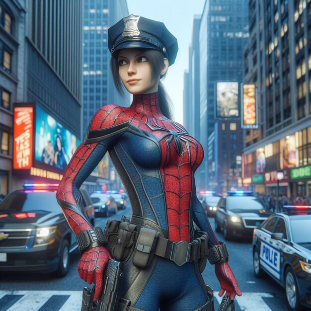 Uma figura de super-herói feminina em um traje de homem-aranha está no meio de uma rua movimentada da cidade