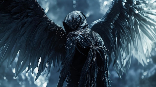 Uma figura escura e misteriosa com asas emplumadas representando os anjos caídos no folclore ocidental