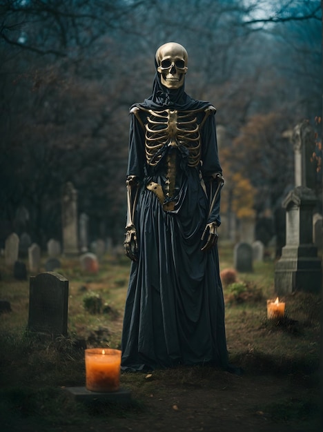 Uma figura esquelética com rosto fantasmagórico em um cemitério de almas esquecidas