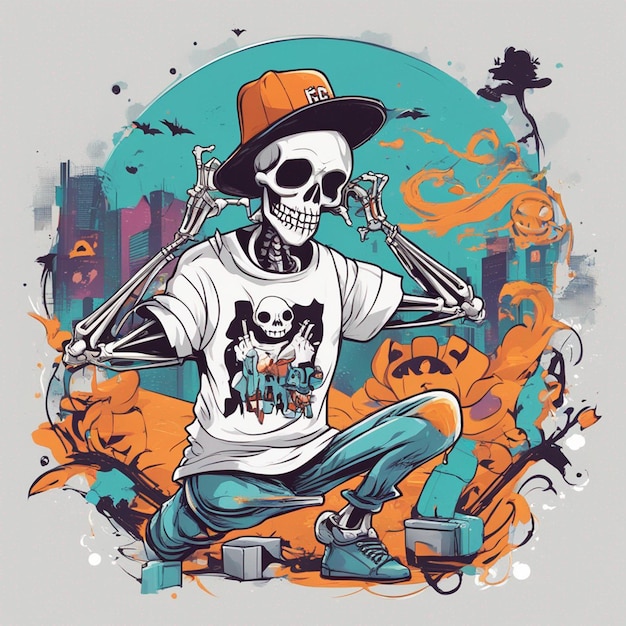 Uma figura esquelética com uma camiseta apresentando um design clássico de hiphop design de camiseta de halloween