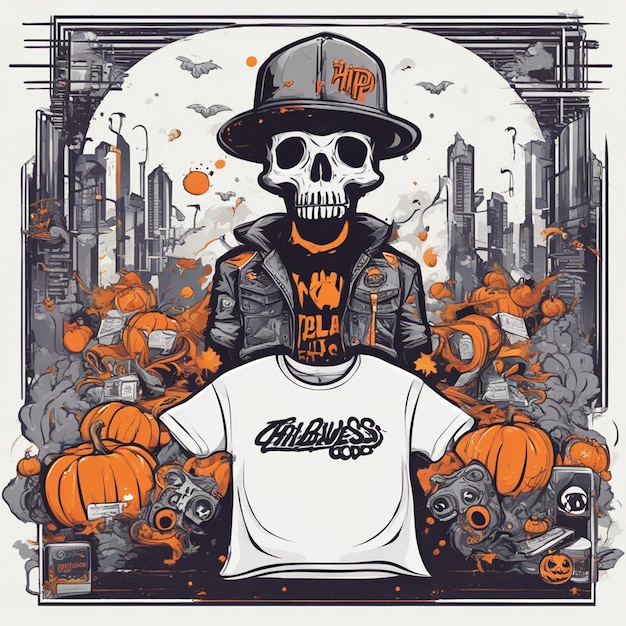 Uma figura esquelética com uma camiseta apresentando um design clássico de hiphop design de camiseta de halloween