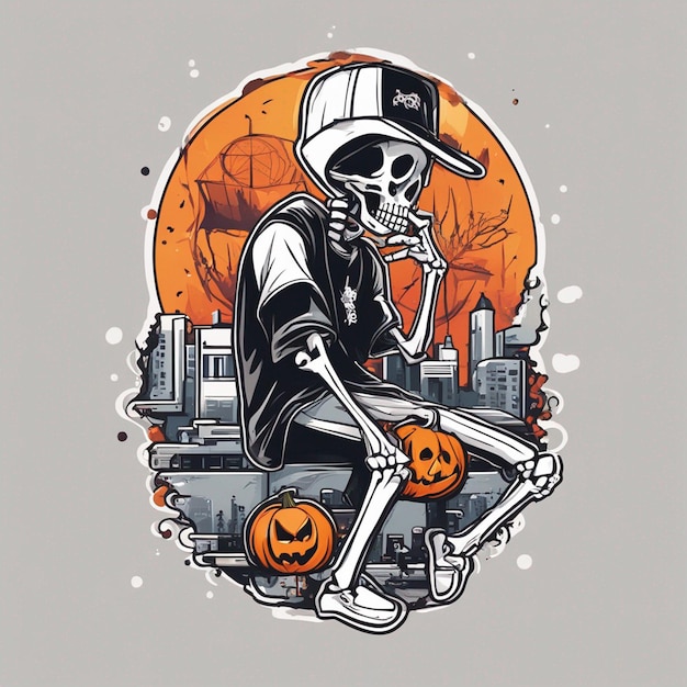 Uma figura esquelética com uma camiseta apresentando um design clássico de hiphop design de camiseta de halloween