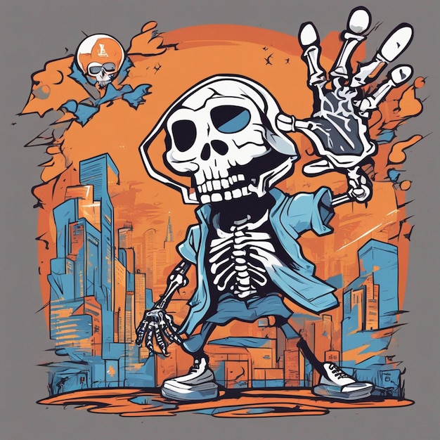 Uma figura esquelética com uma camiseta apresentando um design clássico de hiphop design de camiseta de halloween