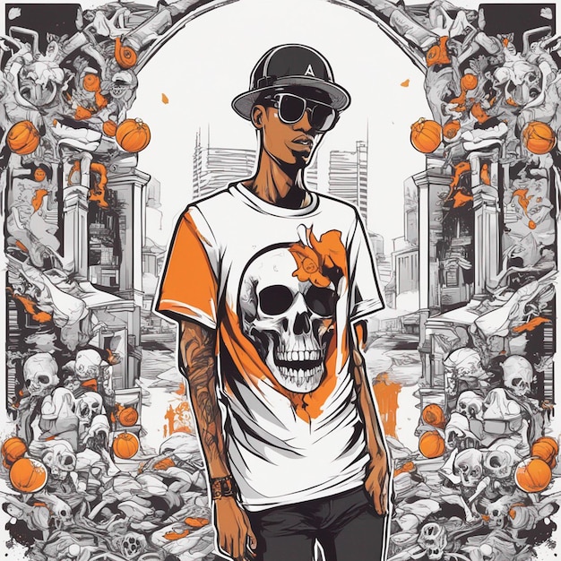 Uma figura esquelética com uma camiseta apresentando um design clássico de hiphop design de camiseta de halloween