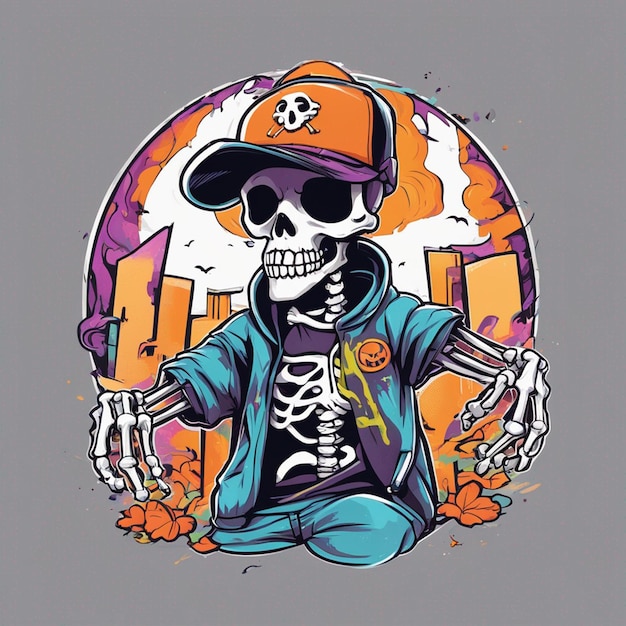 Uma figura esquelética com uma camiseta apresentando um design clássico de hiphop design de camiseta de halloween