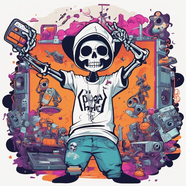 Uma figura esquelética com uma camiseta apresentando um design clássico de hiphop design de camiseta de halloween